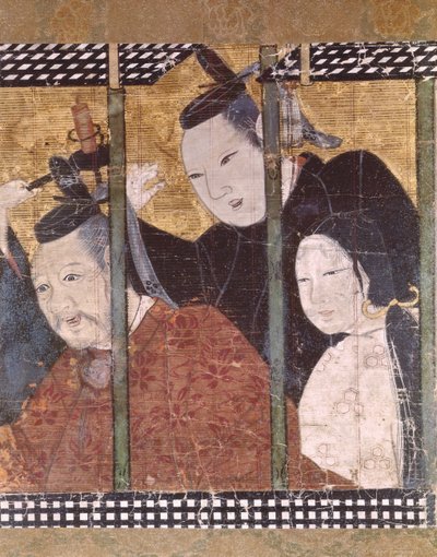 Dos hombres y una mujer detrás de un toldo, detalle de una pantalla, siglos XV-XVIII de Japanese School